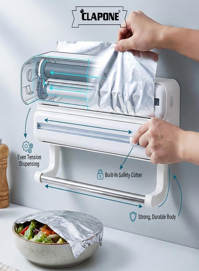 CLAPONE Wrap Organizer with Cutter Plastic Wrap Dispenser 3 in 1 Compatible with Cling Film Paper Towel Holder/Tin Foil and Roti Paper Cutter/Aluminum Foil/Butter/Roti Wrap/Food Roll-White - Image 4